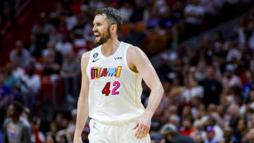 Mar 1, 2023; Miami, Florida, USA; Miami Heat forward Kevin Love (42) reacts during the third quarter against the Philadelphia 76ers at Miami-Dade Arena. Mandatory Credit: Sam Navarro-USA TODAY Sports