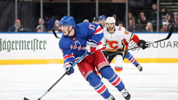 NEW YORK, NY - OCTOBER 21: Jesper Fast #17 of the New York Rangers skates with the puck against the Calgary Flames at Madison Square Garden on October 21, 2018 in New York City. The Calgary Flames won 4-1. (Photo by Jared Silber/NHLI via Getty Images)