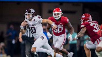 Sep 25, 2021; Arlington, Texas, USA; Texas A&M Aggies quarterback Zach Calzada (10) in action during the game between the Arkansas Razorbacks and the Texas A&M Aggies at AT&T Stadium. Mandatory Credit: Jerome Miron-USA TODAY Sports