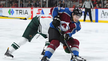 MINNEAPOLIS, MN - NOVEMBER 24: Colorado Avalanche Center Dominic Toninato (47) beats Minnesota Wild Defenceman Mike Reilly (4) during a NHL game between the Minnesota Wild and Colorado Avalanche on November 24, 2017 at Xcel Energy Center in St. Paul, MN.The Wild defeated the Avalanche 3-2 in a shootout.(Photo by Nick Wosika/Icon Sportswire via Getty Images)
