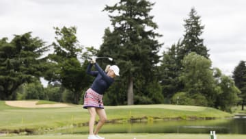 PORTLAND, OREGON - JUNE 27: Lara Tennant hits her tee shot on the seventh hole during the 111th Oregon Senior Amateur Championship at the Columbia Edge water golf course on June 27, 2020 in Portland, Oregon. (Photo by Soobum Im/Getty Images)