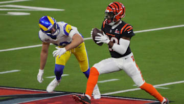 Feb 13, 2022; Inglewood, California, USA; Cincinnati Bengals cornerback Chidobe Awuzie (22) runs against Los Angeles Rams wide receiver Ben Skowronek (18) in the third quarter in Super Bowl LVI at SoFi Stadium. Mandatory Credit: Kirby Lee-USA TODAY Sports