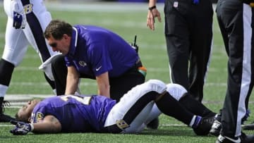 Sep 15, 2013; Baltimore, MD, USA; Baltimore Ravens running back Ray Rice (27) is looked at by a team trainer after suffering an apparent hip injury against the Cleveland Browns during the second half at M