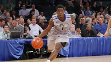 Mar 13, 2014; New York, NY, USA; Creighton Bluejays guard Austin Chatman (1) drives to the basket during the second half against the DePaul Blue Demons in the second round of the Big East college basketball tournament at Madison Square Garden. Creighton Bluejays defeat the DePaul Blue Demons 84-62. Mandatory Credit: Jim O