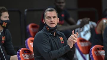 Dec 9, 2020; Clemson, South Carolina, USA; Maryland Head Coach Mark Turgeon claps watching his team play Clemson during the first half of the ACC/BIG10 Challenge game at Littlejohn Coliseum. Mandatory Credit: Ken Ruinard-USA TODAY Sports