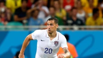 Jul 1, 2014; Salvador, BRAZIL; United States defender Geoff Cameron (20) against Belgium during the round of sixteen match in the 2014 World Cup at Arena Fonte Nova. Belgium defeated USA 2-1 in overtime. Mandatory Credit: Mark J. Rebilas-USA TODAY Sports