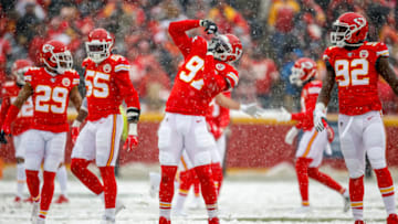 KANSAS CITY, MO - DECEMBER 15: Alex Okafor #97 of the Kansas City Chiefs celebrates after sacking quarterback Drew Lock of the Denver Broncos in the first quarter at Arrowhead Stadium on December 15, 2019 in Kansas City, Missouri. (Photo by David Eulitt/Getty Images)