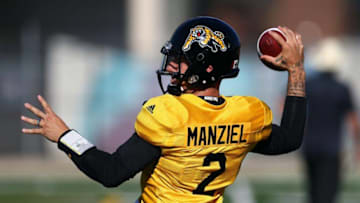 HAMILTON, ON - MAY 28: Johnny Manziel #2 of the Hamilton Tiger-Cats takes part in a preseason practice session at Ron Joyce Stadium on May 28, 2018 in Hamilton, Canada. (Photo by Vaughn Ridley/Getty Images)