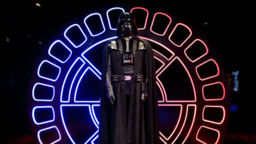 LONDON, ENGLAND - NOVEMBER 11: An original Darth Vader costume is displayed at the Star Wars Identities exhibition at The O2 Arena on November 11, 2016 in London, England. Star Wars Identities is a brand new exhibition opening at The O2 on 18th of November 2016. (Photo by Tristan Fewings/Getty Images)