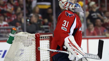 WASHINGTON, DC - APRIL 29: Goalie Philipp Grubauer #31 of the Washington Capitals looks on after giving up a third period goal against the Pittsburgh Penguins in Game Two of the Eastern Conference Second Round during the 2017 NHL Stanley Cup Playoffs at Verizon Center on April 29, 2017 in Washington, DC. (Photo by Rob Carr/Getty Images)