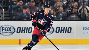COLUMBUS, OH - OCTOBER 5: Markus Nutivaara #65 of the Columbus Blue Jackets skates against the Carolina Hurricanes on October 5, 2018 at Nationwide Arena in Columbus, Ohio. (Photo by Jamie Sabau/NHLI via Getty Images)
