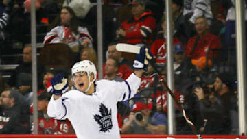 NEWARK, NJ - APRIL 05: William Nylander #29 of the Toronto Maple Leafs celebrates his first period powerplay goal against the New Jersey Devils at the Prudential Center on April 5, 2018 in Newark, New Jersey. (Photo by Bruce Bennett/Getty Images)
