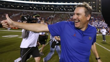 STARKVILLE, MS - SEPTEMBER 29: Head coach Dan Mullen of the Florida Gators celebrates a win over Mississippi State Bulldogs at Davis Wade Stadium on September 29, 2018 in Starkville, Mississippi. (Photo by Jonathan Bachman/Getty Images)