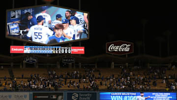 LOS ANGELES, CALIFORNIA - AUGUST 20: A general view of the right field video board displaying the career milestone of starting pitcher Clayton Kershaw #22 of the Los Angeles Dodgers (bottom right) is seen after the MLB game between the Toronto Blue Jays and the Los Angeles Dodgers at Dodger Stadium on August 20, 2019 in Los Angeles, California. The Dodgers defeated the Blue Jays 16-3. (Photo by Victor Decolongon/Getty Images)