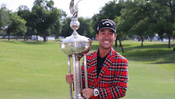 FORT WORTH, TEXAS - MAY 26: Kevin Na of the United States poses for a photo with the trophy after winning the Charles Schwab Challenge at Colonial Country Club on May 26, 2019 in Fort Worth, Texas. (Photo by Tom Pennington/Getty Images)