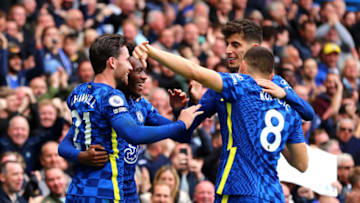 LONDON, ENGLAND - OCTOBER 23: Ben Chigwell of Chelsea FC celebrates scoring his teams fourth goal during the Premier League match between Chelsea and Norwich City at Stamford Bridge on October 23, 2021 in London, England. (Photo by Chloe Knott - Danehouse/Getty Images)