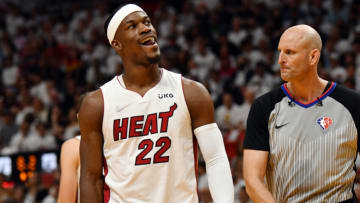 Miami Heat forward Jimmy Butler (22) reacts to a foul called during the first half of game one of the first round for the 2022 NBA playoffs( Jim Rassol-USA TODAY Sports)