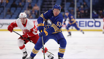 Jan 17, 2022; Buffalo, New York, USA; Buffalo Sabres left wing Jeff Skinner (53) skates up ice with the puck during the second period against the Detroit Red Wings at KeyBank Center. Mandatory Credit: Timothy T. Ludwig-USA TODAY Sports