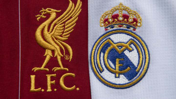 MANCHESTER, ENGLAND - FEBRUARY 25: The Liverpool FC and Real Madrid club badges on their first team home shirts on February 25, 2021 in Manchester, United Kingdom. (Photo by Visionhaus/Getty Images)