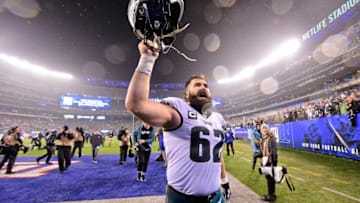 EAST RUTHERFORD, NEW JERSEY - DECEMBER 29: Jason Kelce #62 of the Philadelphia Eagles celebrates his teams win over the New York Giants at MetLife Stadium on December 29, 2019 in East Rutherford, New Jersey. (Photo by Steven Ryan/Getty Images)