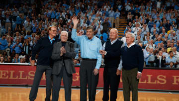 CHAPEL HILL, NC - NOVEMBER 29: Members of the 1957 North Carolina Tar Heels championship team, including Lennie Rosenbluth, center, during a game against the Michigan Wolverines on November 29, 2017 at the Dean Smith Center in Chapel Hill, North Carolina. North Carolina won 86-71. (Photo by Peyton Williams/UNC/Getty Images)