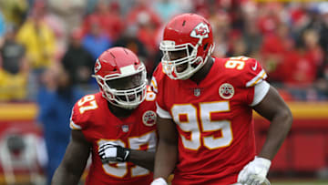 Kansas City Chiefs defensive tackle Chris Jones (95) celebrates with defensive end Allen Bailey (97) (Photo by Scott Winters/Icon Sportswire via Getty Images)