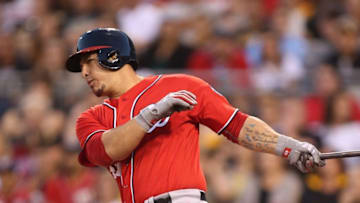 Sep 24, 2016; Pittsburgh, PA, USA; Washington Nationals catcher Wilson Ramos (40) singles against the Pittsburgh Pirates during the first inning at PNC Park. Mandatory Credit: Charles LeClaire-USA TODAY Sports