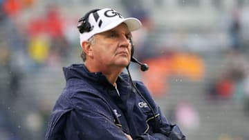 CHARLOTTESVILLE, VA - NOVEMBER 4: Head coach Paul Johnson of the Georgia Tech Yellow Jackets watches a replay in the first quarter during a game against the Georgia Tech Yellow Jackets at Scott Stadium on November 4, 2017 in Charlottesville, Virginia. (Photo by Ryan M. Kelly/Getty Images)