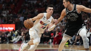Miami Heat guard Tyler Herro (14) drives against San Antonio Spurs forward Zach Collins (23)(Jim Rassol-USA TODAY Sports)