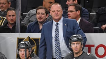 Jan 23, 2018; Las Vegas, NV, USA; Vegas Golden Knights head coach Gerard Gallant watches play during the third period against the Columbus Blue Jackets at T-Mobile Arena. Mandatory Credit: Stephen R. Sylvanie-USA TODAY Sports