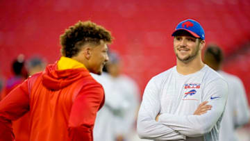 Oct 10, 2021; Kansas City, Missouri, USA; Buffalo Bills quarterback Josh Allen (17) talks with Kansas City Chiefs quarterback Patrick Mahomes (15) before the game at GEHA Field at Arrowhead Stadium. Mandatory Credit: Jay Biggerstaff-USA TODAY Sports