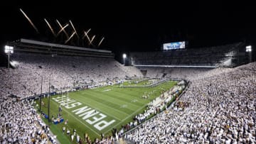 STATE COLLEGE, PA - OCTOBER 22: A general view of the stadium as fireworks explode before the White Out game between the Penn State Nittany Lions and the Minnesota Golden Gophers at Beaver Stadium on October 22, 2022 in State College, Pennsylvania. (Photo by Scott Taetsch/Getty Images)