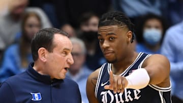 Duke basketball head coach Mike Krzyzewski and guard Trevor Keels (Bob Donnan-USA TODAY Sports)
