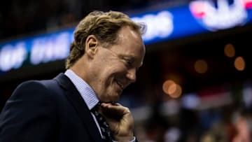 WASHINGTON, DC - APRIL 6: Head coach Mike Budenholzer of the Atlanta Hawks reacts after the game against the Washington Wizards at Capital One Arena on April 6, 2018 in Washington, DC. Hawks won 103-97. (Photo by Scott Taetsch/Getty Images)