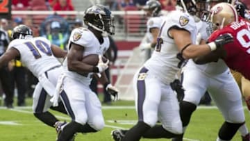Oct 18, 2015; Santa Clara, CA, USA; Baltimore Ravens running back Justin Forsett (29) rushes against the San Francisco 49ers during the first quarter at Levi