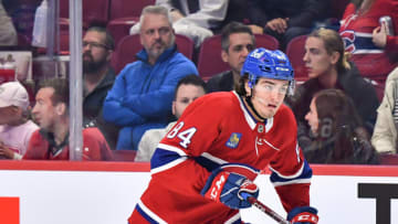 MONTREAL, CANADA - SEPTEMBER 29: William Trudeau #84 of the Montreal Canadiens skates against the Winnipeg Jets during the first period at Centre Bell on September 29, 2022 in Montreal, Quebec, Canada. The Winnipeg Jets defeated the Montreal Canadiens 4-3. (Photo by Minas Panagiotakis/Getty Images)