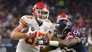 Jan 9, 2016; Houston, TX, USA; Kansas City Chiefs tight end Travis Kelce (87) is pushed out of bounds by Houston Texans inside linebacker Benardrick McKinney (55) during the in the third quarter in a AFC Wild Card playoff football game at NRG Stadium. Mandatory Credit: Kirby Lee-USA TODAY Sports