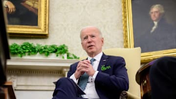 WASHINGTON, DC - MARCH 17: U.S. President Joe Biden speaks during a virtual meeting with Irish Prime Minister (Taoiseach) Micheal Martin in the Oval Office of the White House on March 17, 2021 in Washington, DC. Two of Biden's great-great-grandparents emigrated from Ireland. (Photo by Erin Scott-Pool/Getty Images)