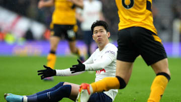 LONDON, ENGLAND - FEBRUARY 13: Heung-Min Son of Tottenham Hotspur reacts during the Premier League match between Tottenham Hotspur and Wolverhampton Wanderers at Tottenham Hotspur Stadium on February 13, 2022 in London, England. (Photo by Chloe Knott - Danehouse/Getty Images,)