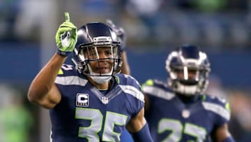 SEATTLE, WA - JANUARY 07: Defensive back DeShawn Shead #35 of the Seattle Seahawks reacts after blocking a pass against the Detroit Lions in the NFC Wild Card game at CenturyLink Field on January 7, 2017 in Seattle, Washington. (Photo by Otto Greule Jr/Getty Images)