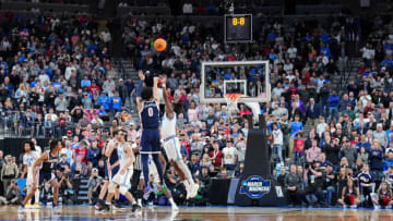 Mar 23, 2023; Las Vegas, NV, USA; Gonzaga Bulldogs guard Julian Strawther (0) shoots a game-winning three point basket against the UCLA Bruins during the second half at T-Mobile Arena. Mandatory Credit: Joe Camporeale-USA TODAY Sports
