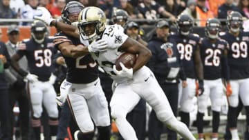 CHICAGO, ILLINOIS - OCTOBER 20: Michael Thomas #13 of the New Orleans Saints catches a pass as Kyle Fuller #23 of the Chicago Bears defends him during the first quarter at Soldier Field on October 20, 2019 in Chicago, Illinois. (Photo by David Banks/Getty Images)