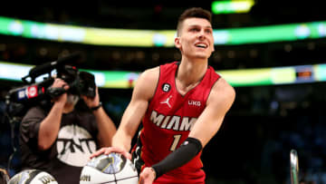 Tyler Herro #14 of the Miami Heat looks to shoot the ball in the 2023 NBA All Star Starry 3-Point Contest(Photo by Tim Nwachukwu/Getty Images)