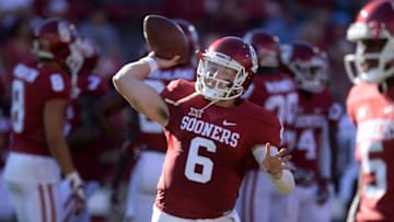 Sep 10, 2016; Norman, OK, USA; Oklahoma Sooners quarterback Baker Mayfield (6) warms up prior to action against the Louisiana Monroe Warhawks at Gaylord Family - Oklahoma Memorial Stadium. Mandatory Credit: Mark D. Smith-USA TODAY Sports