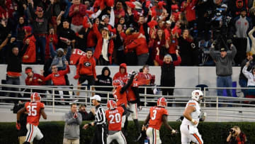Nov 12, 2016; Athens, GA, USA; Georgia Bulldogs defensive back Maurice Smith (2) reacts with safety Dominick Sanders (24) after he intercepted a pass and returned it for a touchdown against the Auburn Tigers during the second half at Sanford Stadium. Georgia defeated Auburn 13-7. Mandatory Credit: Dale Zanine-USA TODAY Sports