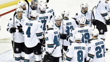Jun 9, 2016; Pittsburgh, PA, USA; San Jose Sharks goalie Martin Jones (31) celebrates with teammates after defeating the Pittsburgh Penguins in game five of the 2016 Stanley Cup Final at Consol Energy Center. Mandatory Credit: Don Wright-USA TODAY Sports
