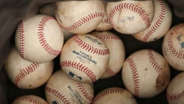 May 4, 2014; Philadelphia, PA, USA; Rawlings official major league baseballs to be used in batting practice prior to a game between the Philadelphia Phillies and Washington Nationals at Citizens Bank Park. Mandatory Credit: Bill Streicher-USA TODAY Sports