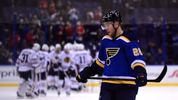Dec 17, 2016; St. Louis, MO, USA; St. Louis Blues center Paul Stastny (26) skates off the ice as the Chicago Blackhawks celebrate their 6-4 win at Scottrade Center. Mandatory Credit: Jeff Curry-USA TODAY Sports
