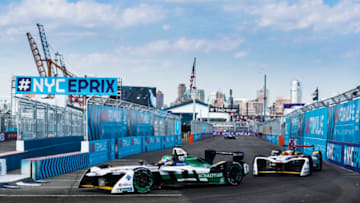 NEW YORK, NY - JULY 14: In this handout provided by FIA Formula E, Lucas Di Grassi (BRA), Audi Sport ABT Schaeffler, Audi e-tron FE04. leads Daniel Abt (GER), Audi Sport ABT Schaeffler, Audi e-tron FE04 (Photo by Steven Tee/FIA Formula E via Getty Images)