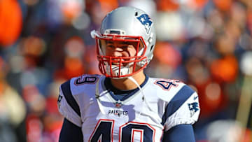 Jan 24, 2016; Denver, CO, USA; New England Patriots long snapper Joe Cardona (49) against the Denver Broncos in the AFC Championship football game at Sports Authority Field at Mile High. Mandatory Credit: Mark J. Rebilas-USA TODAY Sports
